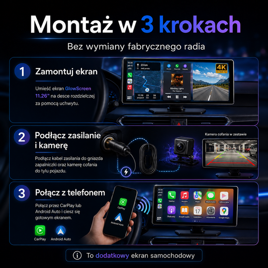 GlowScreen 11.26” – ekran samochodowy CarPlay i Android Auto z kamerą cofania
