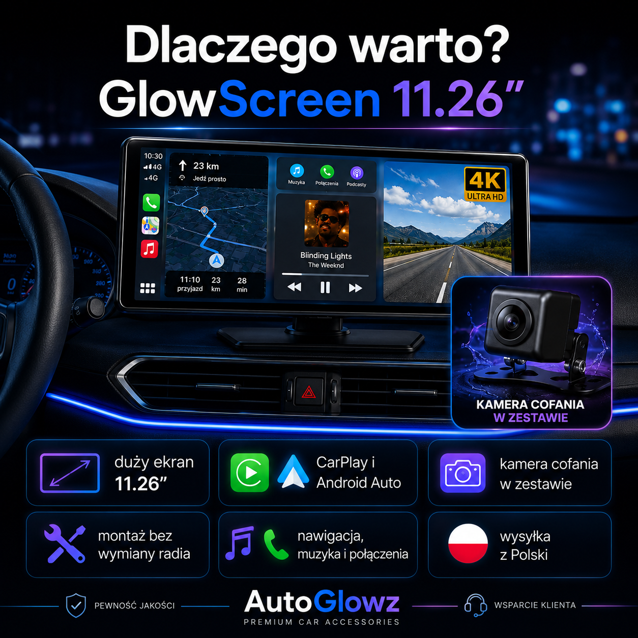 GlowScreen 11.26” – ekran samochodowy CarPlay i Android Auto z kamerą cofania