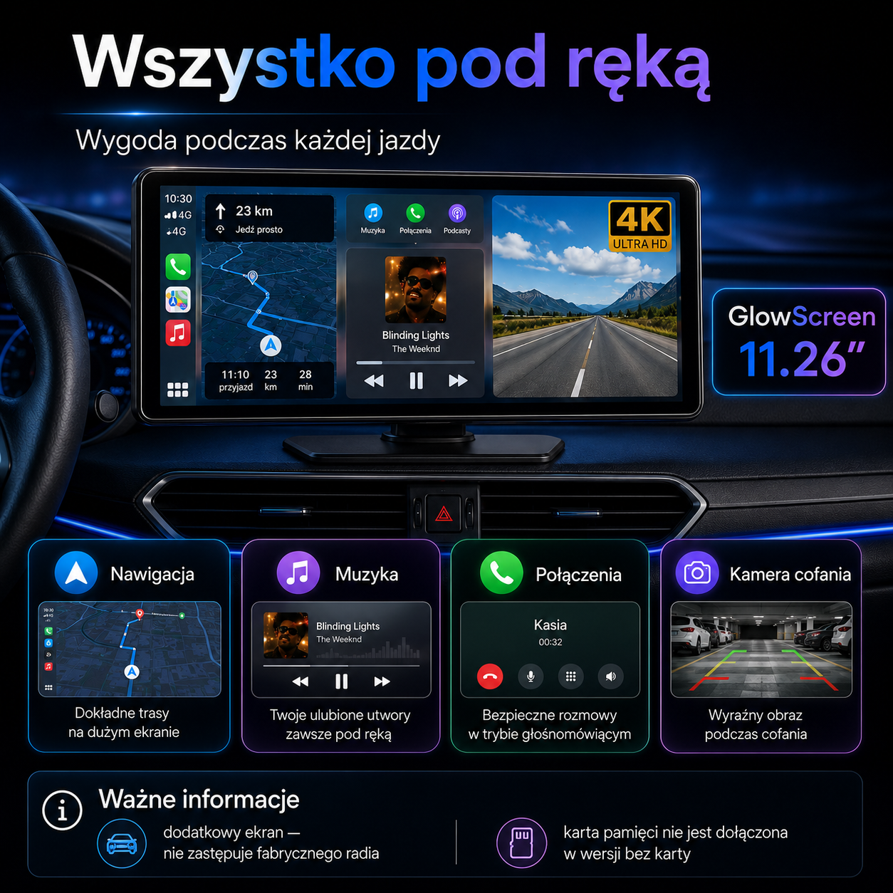 GlowScreen 11.26” – ekran samochodowy CarPlay i Android Auto z kamerą cofania