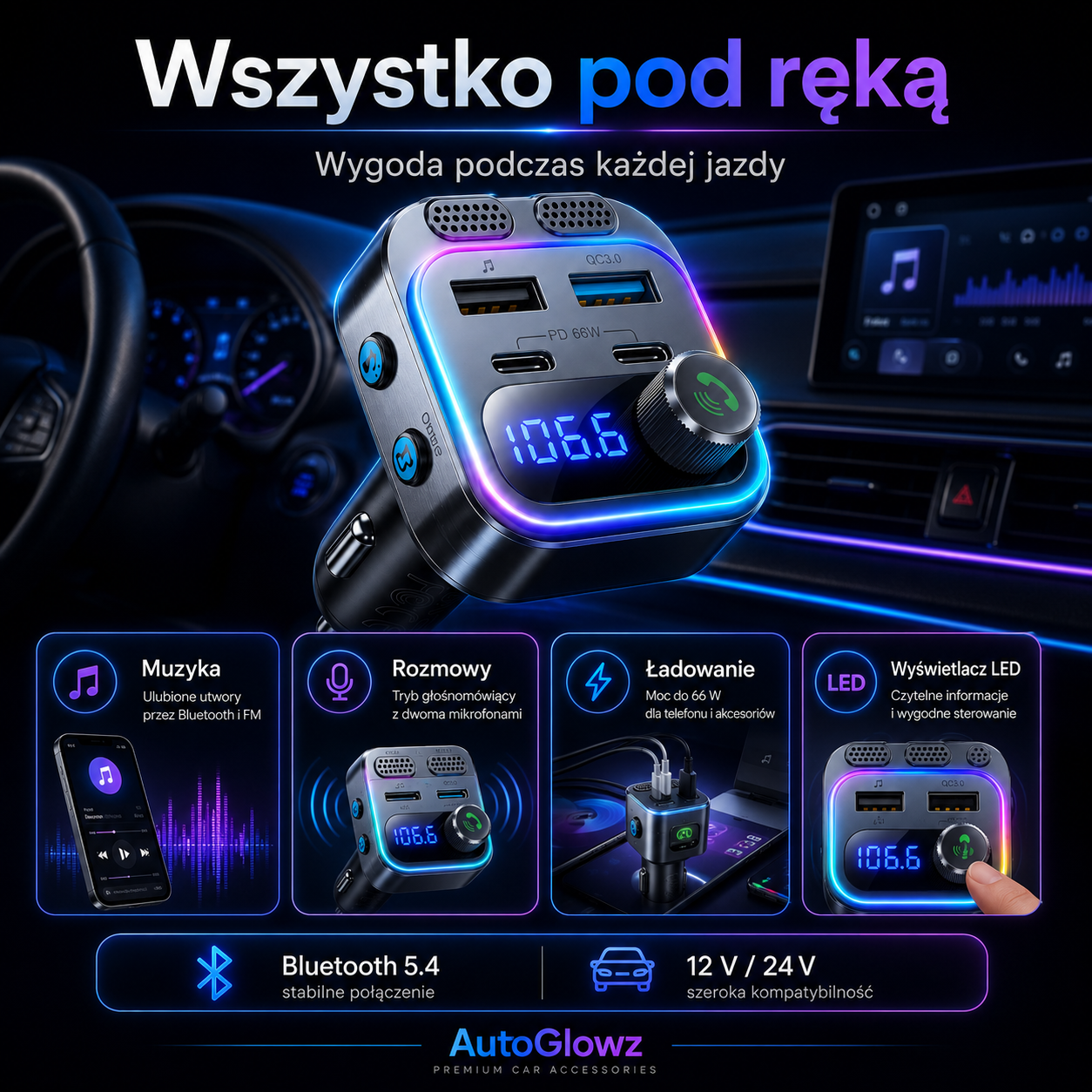 GlowCharge FM – ładowarka samochodowa 66W z Bluetooth