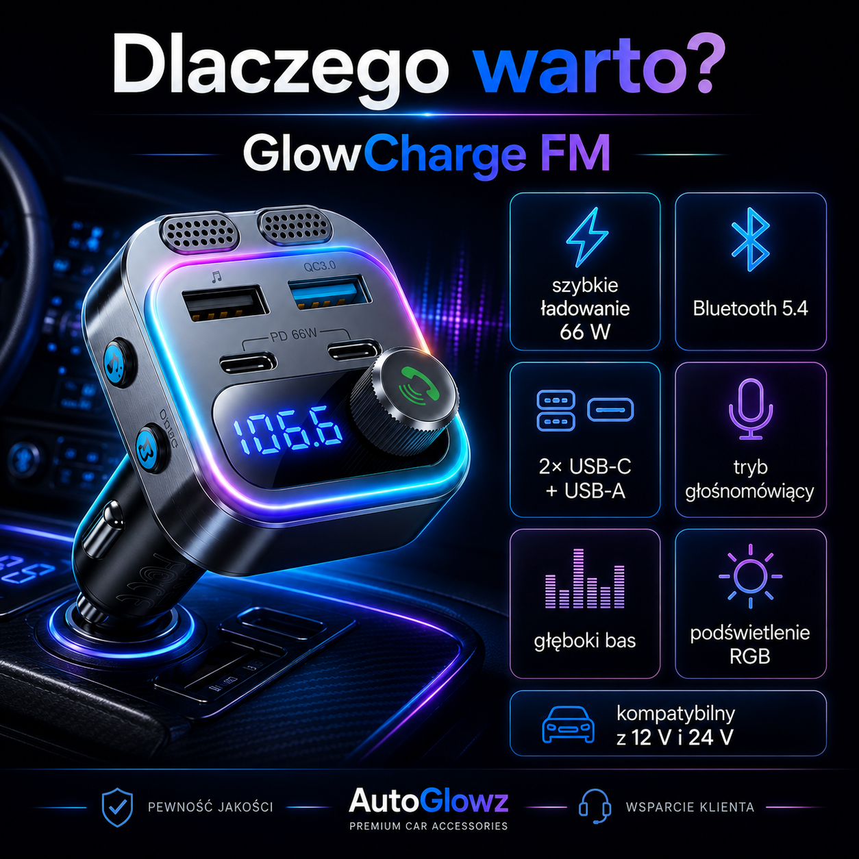 GlowCharge FM – ładowarka samochodowa 66W z Bluetooth