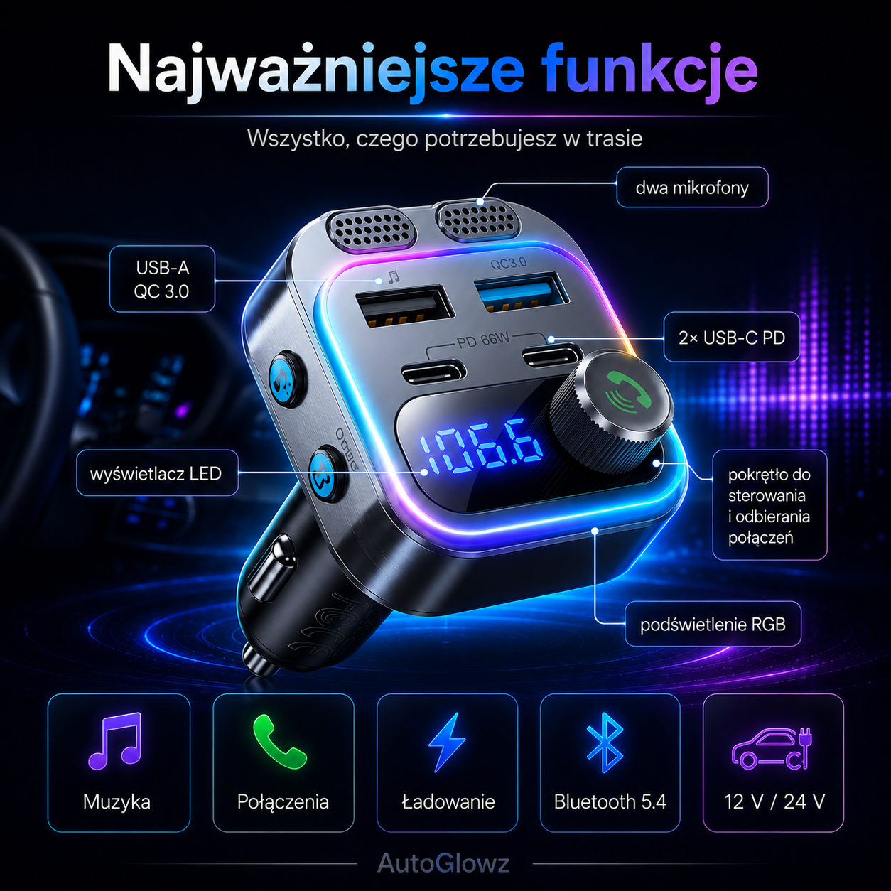 GlowCharge FM – ładowarka samochodowa 66W z Bluetooth