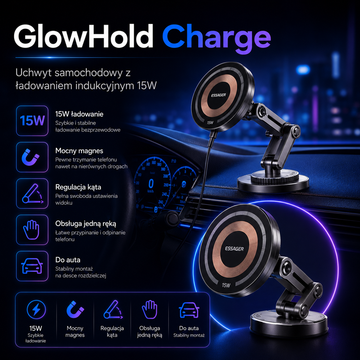 GlowHold Charge – uchwyt samochodowy z ładowaniem indukcyjnym 15W