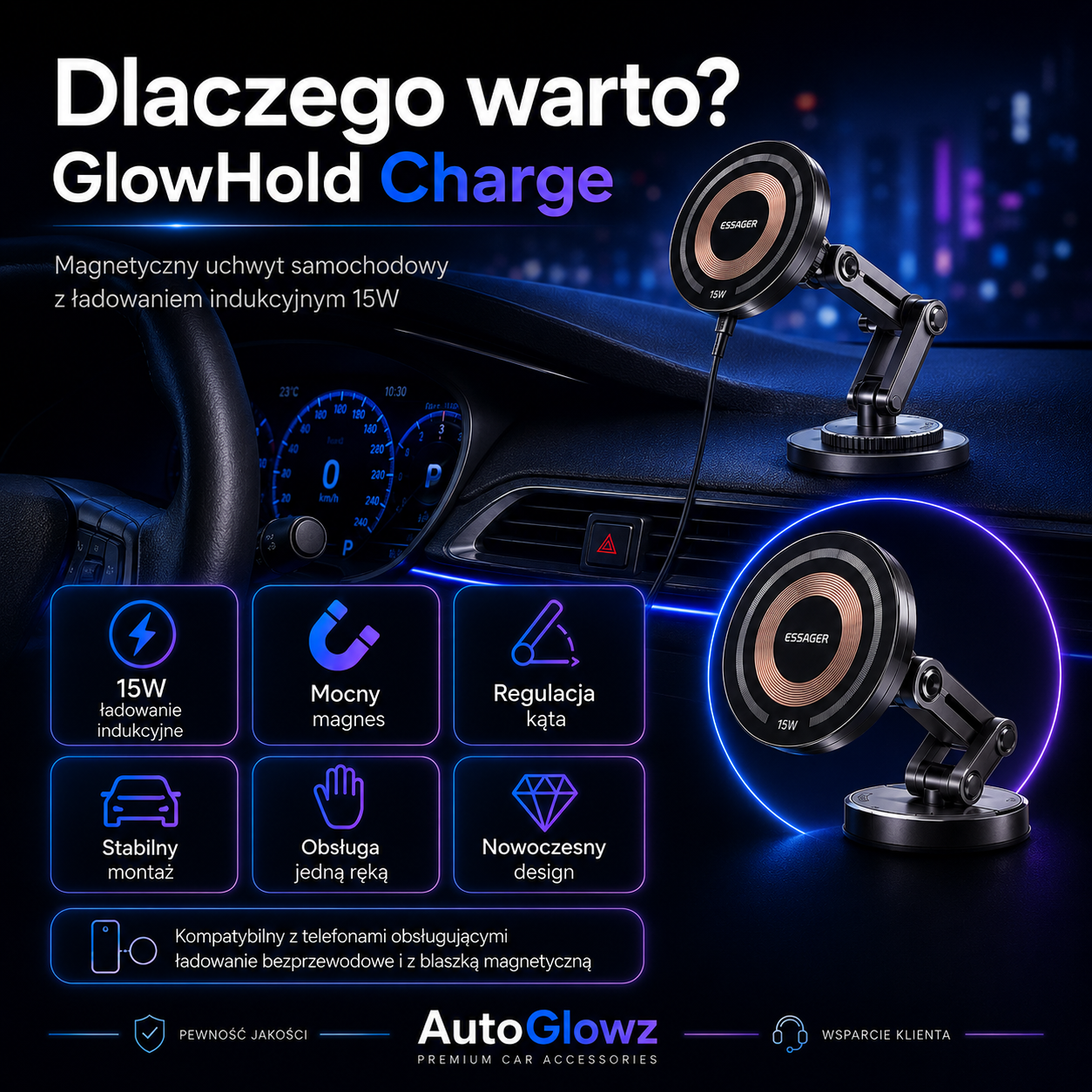 GlowHold Charge – uchwyt samochodowy z ładowaniem indukcyjnym 15W