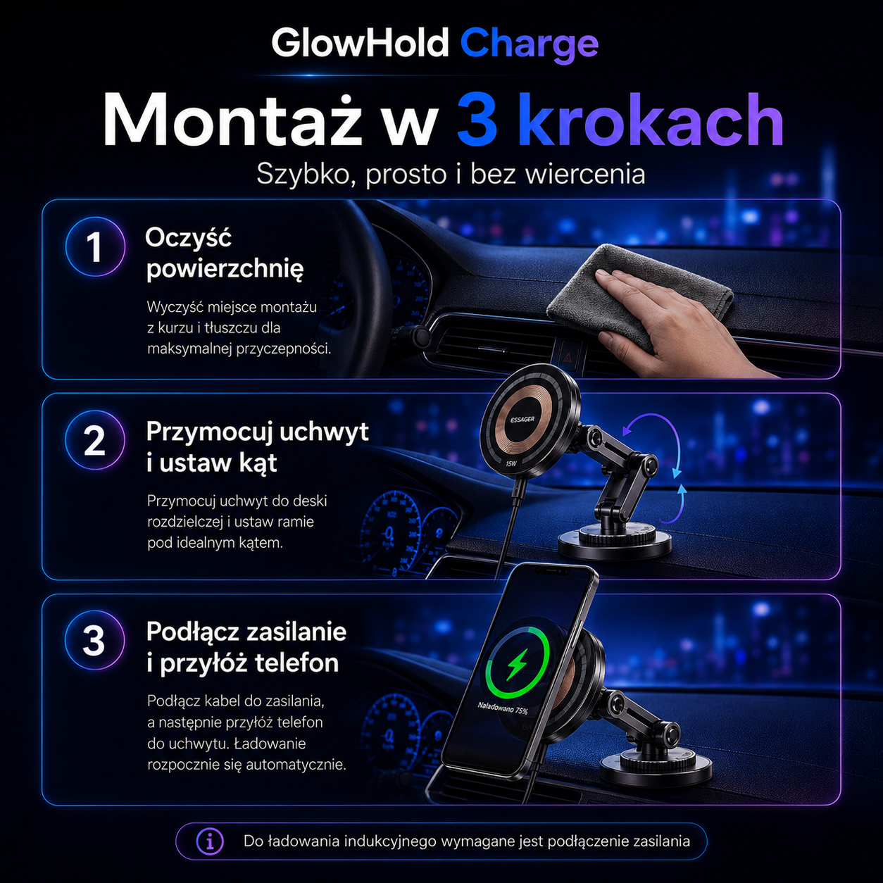 GlowHold Charge – uchwyt samochodowy z ładowaniem indukcyjnym 15W