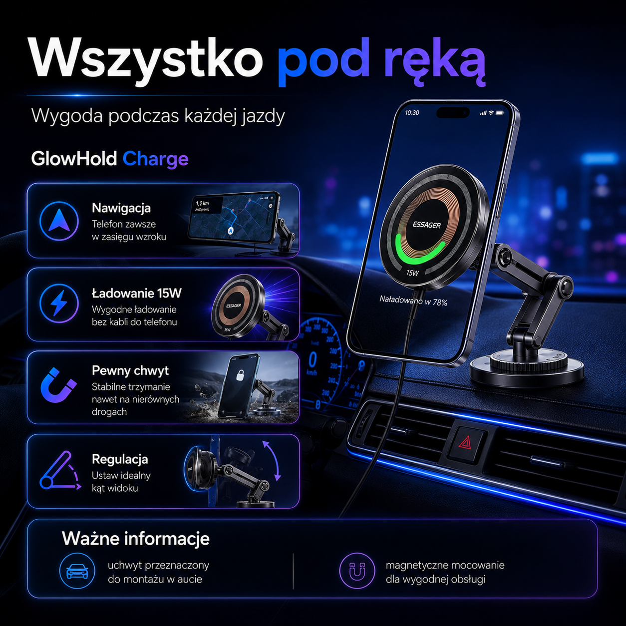 GlowHold Charge – uchwyt samochodowy z ładowaniem indukcyjnym 15W