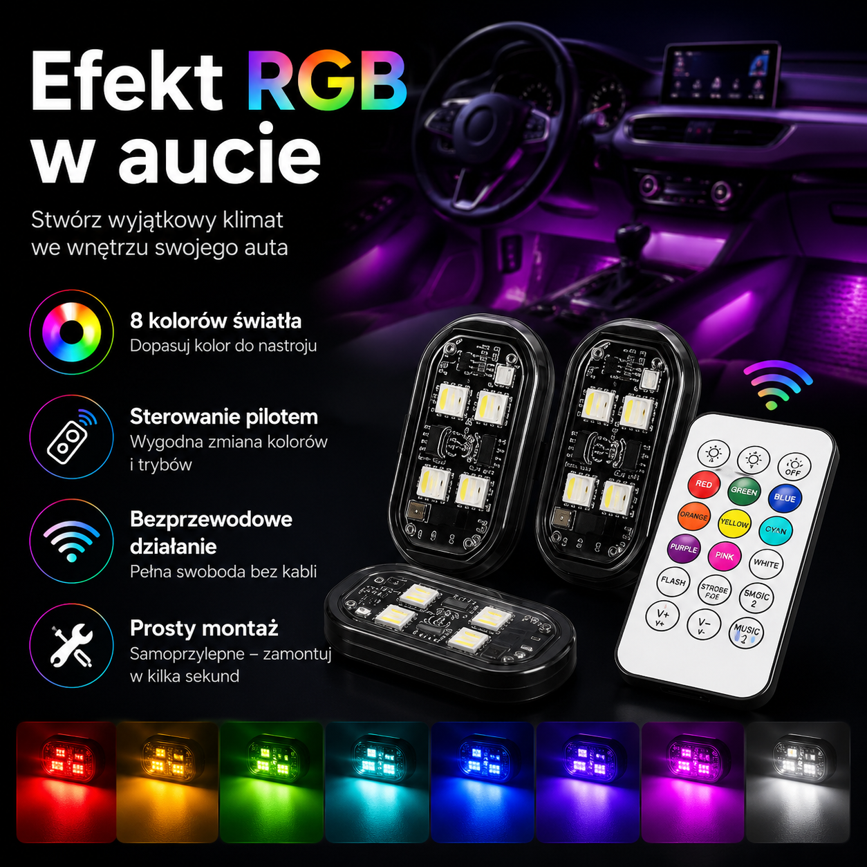 GlowFlash RGB — bezprzewodowe lampki LED do auta