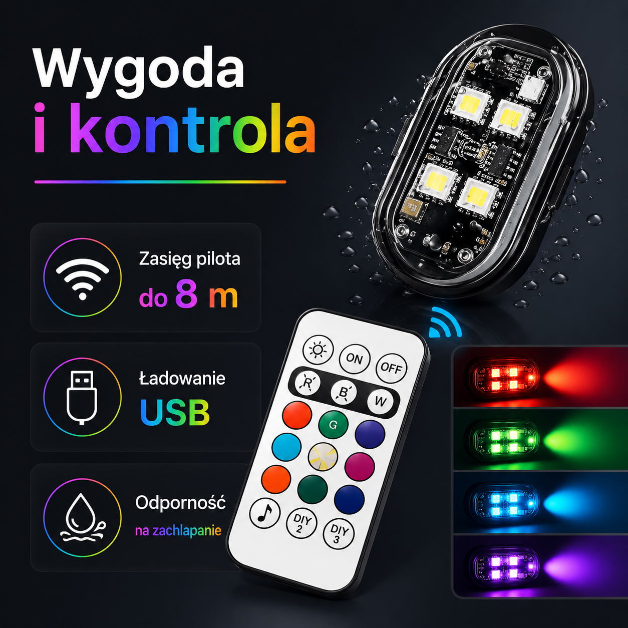 GlowFlash RGB — bezprzewodowe lampki LED do auta