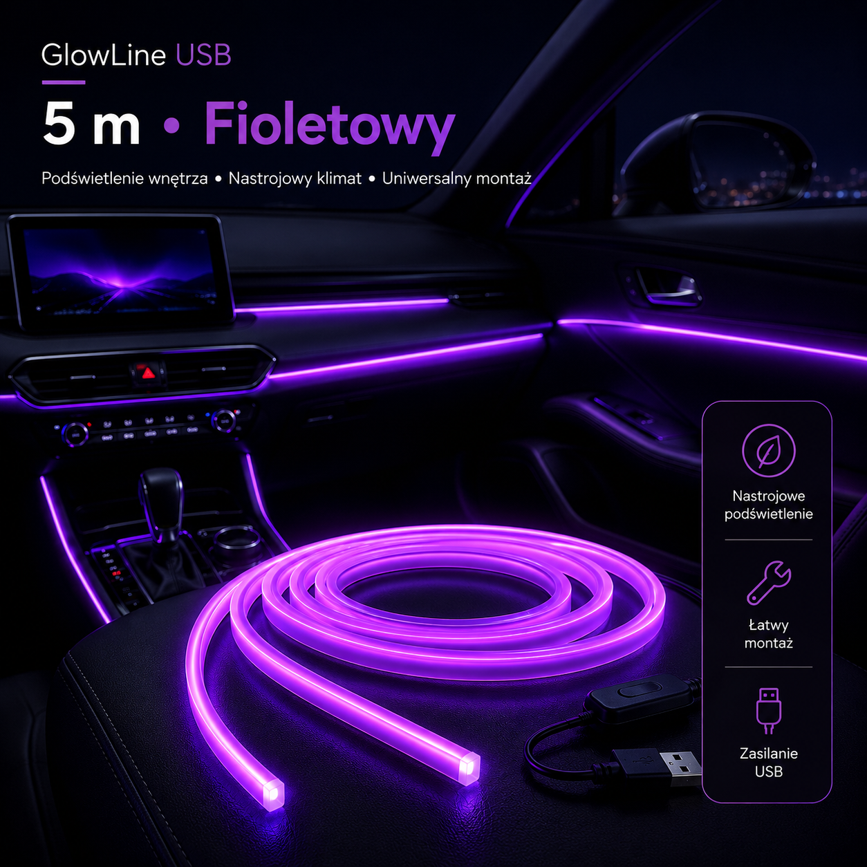 GlowLine USB – neonowe oświetlenie wnętrza auta