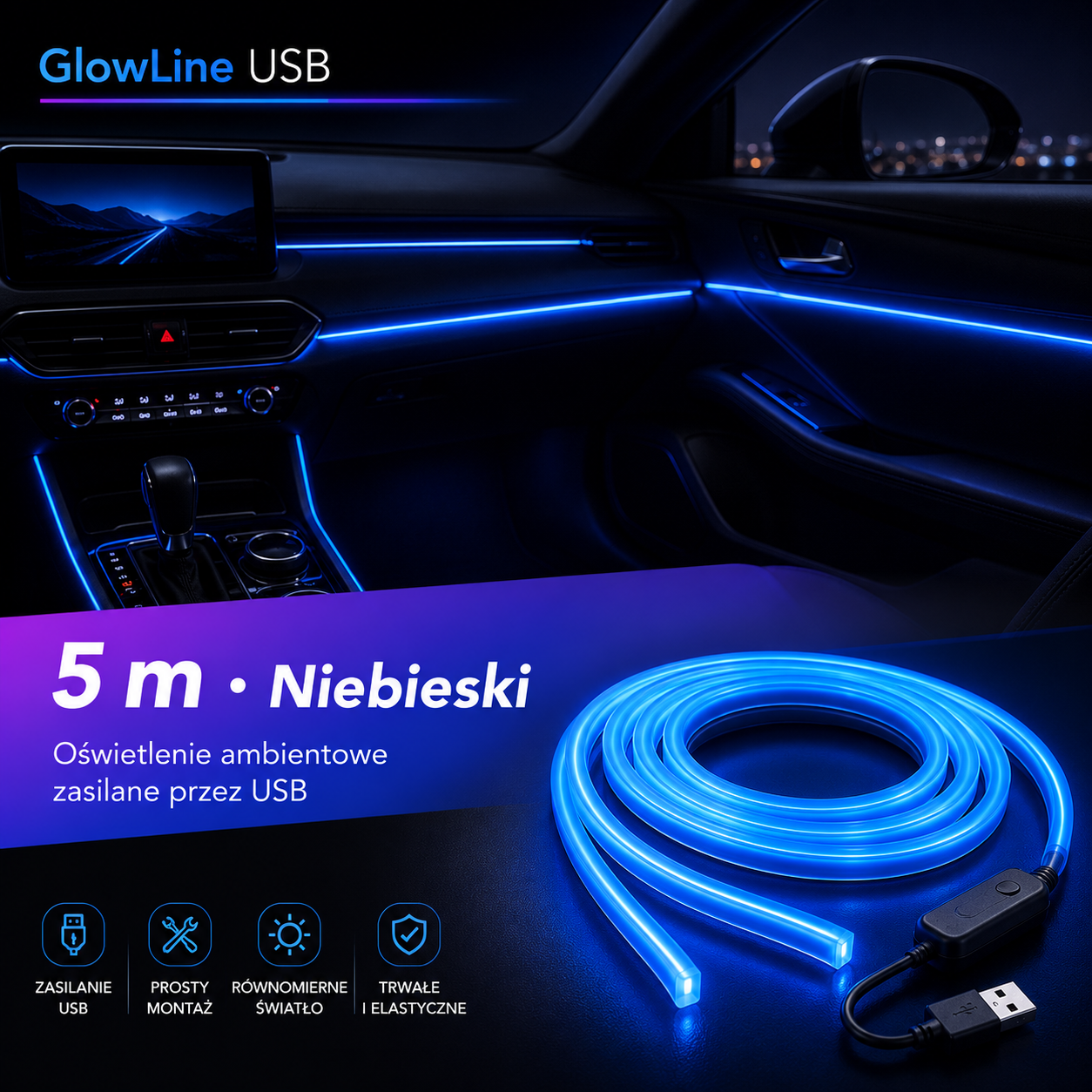 GlowLine USB – neonowe oświetlenie wnętrza auta