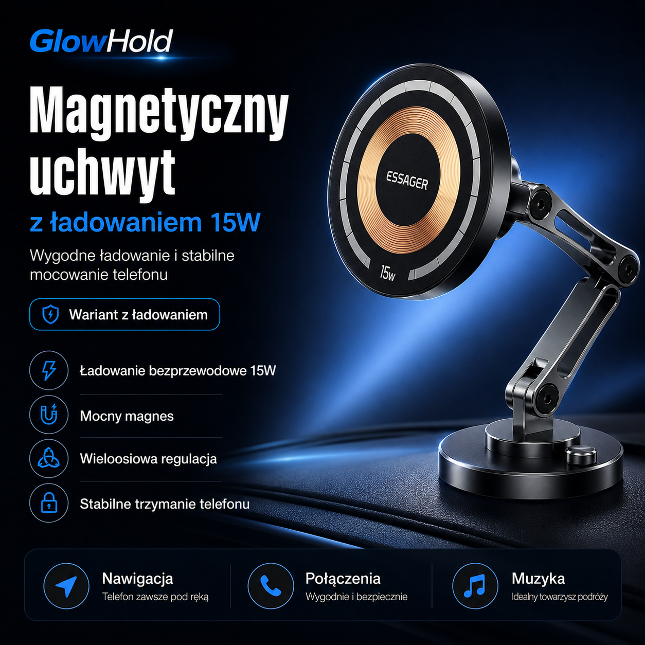 GlowHold Charge – uchwyt samochodowy z ładowaniem indukcyjnym 15W